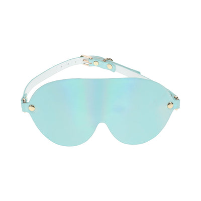 Light blue iridescent bonded leather blindfold with adjustable strap and gold-tone hardware.