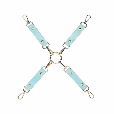 Ouch! Paris Collection light blue bonded leather 4-way hogtie connector with silver hardware clips and central ring