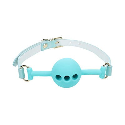 Light blue silicone ball gag with adjustable white bonded leather straps and iridescent hardware.