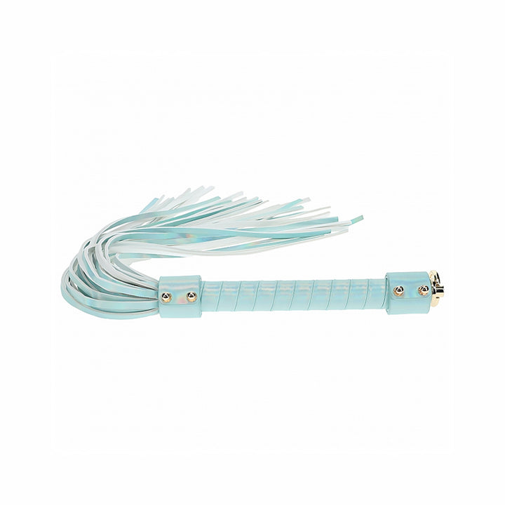 Light blue leather flogger with multiple soft tails and a sturdy wrapped handle with iridescent hardware accents.