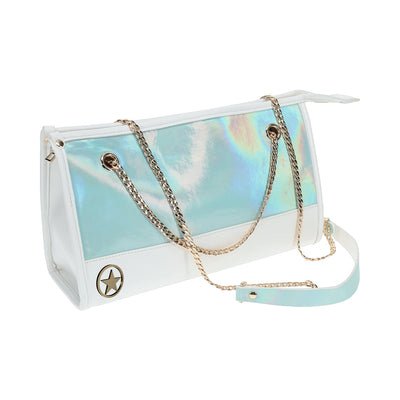 Iridescent white handbag with gold chain straps and star emblem from the Ouch! Paris Collection Kit