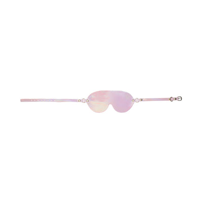 Iridescent pink bonded leather blindfold with adjustable strap and iridescent hardware.