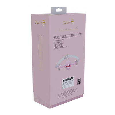 Packaging box for Ouch! Paris Collection Silicone Ball Gag featuring a pink silicone gag with white adjustable straps.