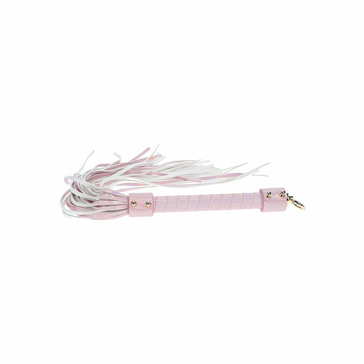 Pink and white leather flogger with a wrapped handle and iridescent hardware detail on a white background.