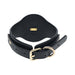 Black bonded leather leg cuff with gold-tone buckle and hardware, designed for adjustable and secure fit.