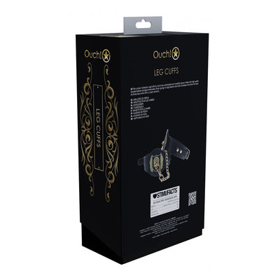 Black packaging box for Ouch! London Collection Leg Cuffs featuring gold decorative accents and product details.