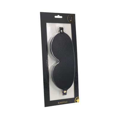Ouch! London Collection black bonded leather blindfold with iridescent hardware in retail packaging.