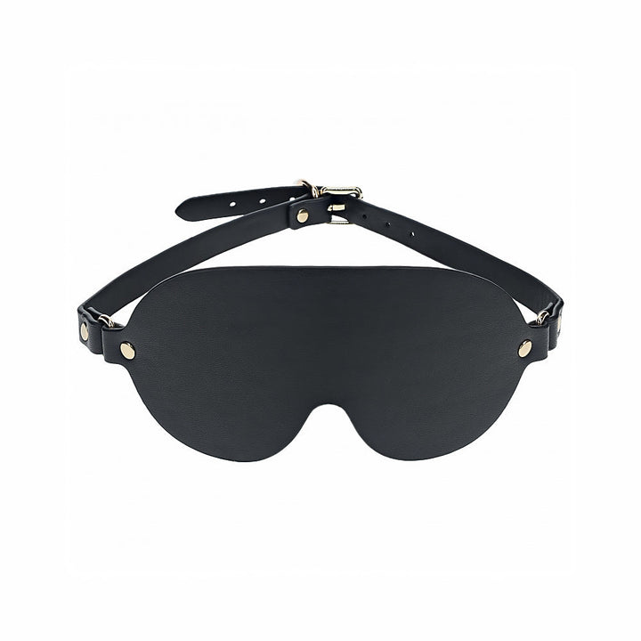 Black bonded leather blindfold with adjustable strap and gold-tone hardware from the Ouch! London Collection.