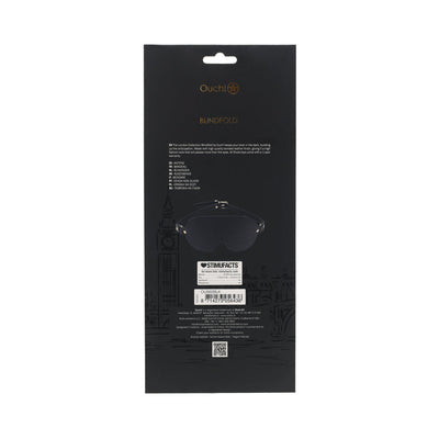 Ouch! London Collection Blindfold packaging showing product details and barcode on black background with London skyline illustration.