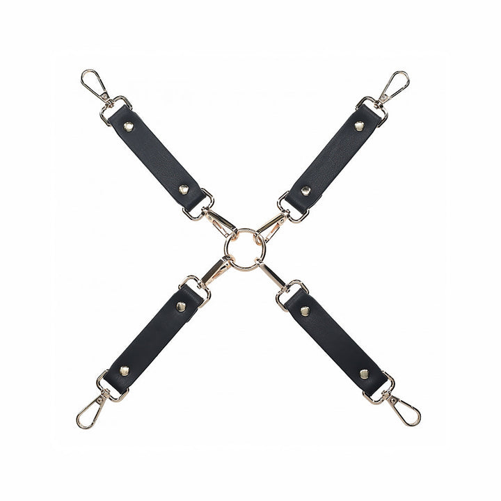 Black bonded leather hogtie connectors with silver metal clips and central ring for full body restraint.