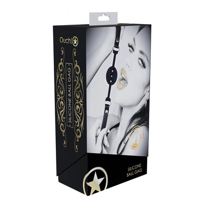 Ouch! London Collection Silicone Ball Gag packaging featuring a black and gold design with a model holding the gag.