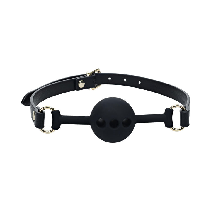 Black silicone ball gag with adjustable bonded leather straps and iridescent metal hardware on white background.