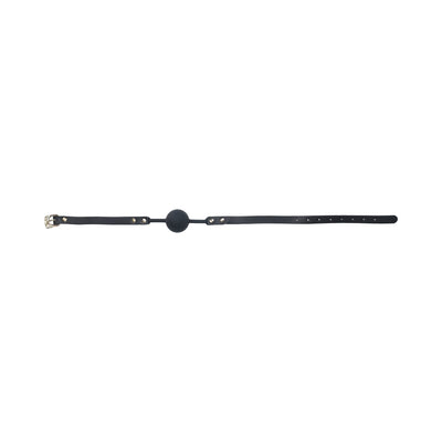Black silicone ball gag with adjustable bonded leather straps and iridescent hardware buckle.