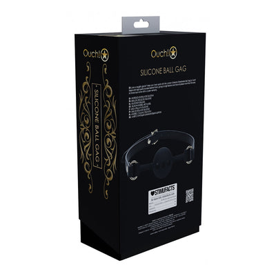 Black packaging box for Ouch! London Collection Silicone Ball Gag with gold decorative accents and product image on the back.