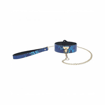Blue iridescent bonded leather collar with gold chain leash and matching wrist strap from the Ouch! Florence Collection.