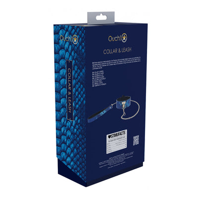 Ouch! Florence Collection Collar and leash packaging in blue with snake skin pattern and product image on the back.