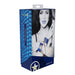 Packaging of Ouch! Florence Collection Handcuffs featuring blue textured design and image of model wearing blue leather cuffs with gold hardware.