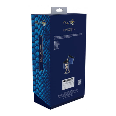 Packaging box for Ouch! Florence Collection Handcuffs featuring blue textured design and product details on a navy background.