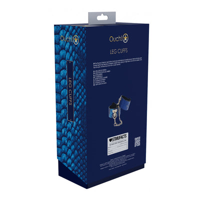 Ouch! Florence Collection Leg Cuffs packaging in dark blue with snake skin pattern and product image on the back.