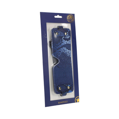 Ouch! Florence Collection blue textured blindfold in retail packaging with clear plastic cover and navy backing card.