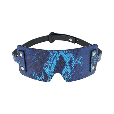 Blue snakeskin-patterned bonded leather blindfold with adjustable black strap and gold-tone hardware.