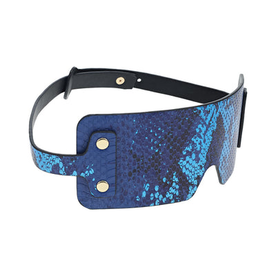 Blue iridescent textured bonded leather blindfold with black adjustable strap and gold-tone hardware.