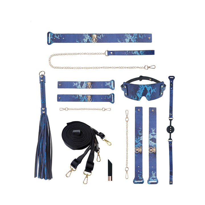 Blue snake print bondage kit with collar, leash, cuffs, blindfold, ball gag, flogger, straps, and vibrating bullet.