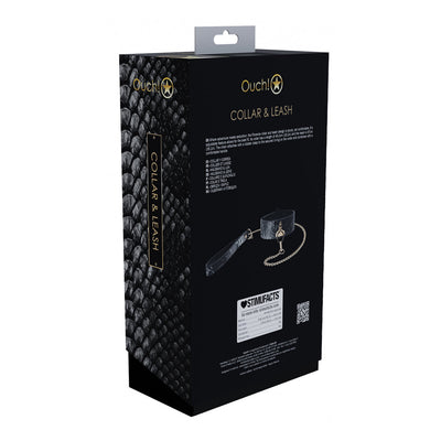 Black textured box packaging for Ouch! Florence Collection collar and leash set with product details and branding.