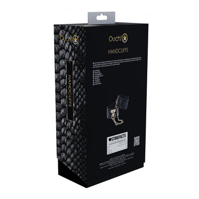 Packaging box of Ouch! Florence Collection Handcuffs with black textured design and gold lettering.