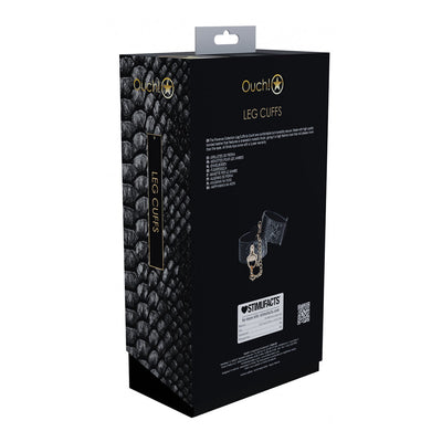 Packaging box for Ouch! Florence Collection Leg Cuffs featuring black textured design and product details.