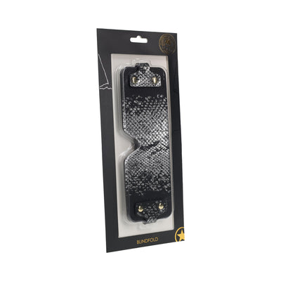 Ouch! Florence Collection black bonded leather blindfold with iridescent snake pattern in retail packaging.