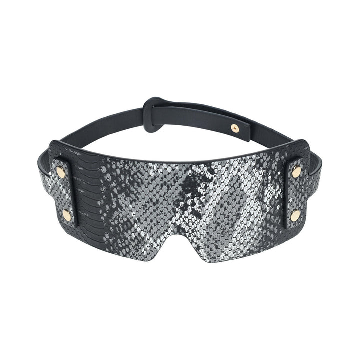Black bonded leather blindfold with iridescent snake skin pattern and adjustable strap from the Ouch! Florence Collection.