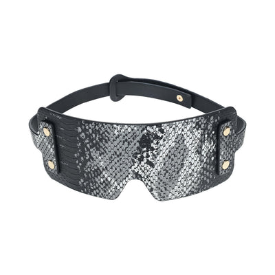 Black bonded leather blindfold with iridescent snake skin pattern and adjustable strap from the Ouch! Florence Collection.