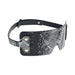 Black and silver snake-patterned bonded leather blindfold with adjustable strap and gold-tone hardware.
