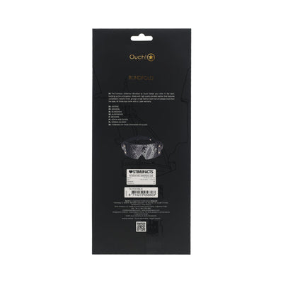 Back view of Ouch! Florence Collection Blindfold packaging with product description and barcode on black background.