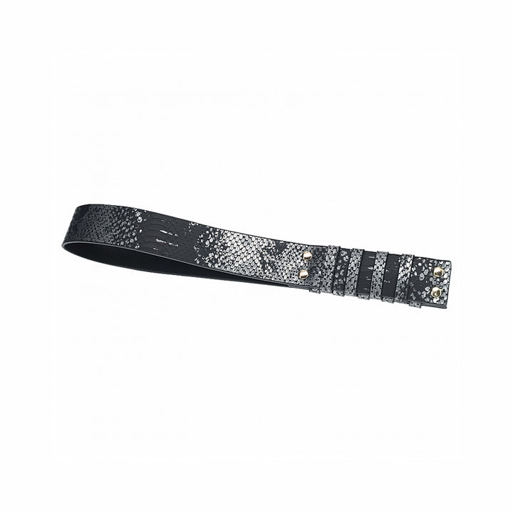 Black bonded leather paddle with snake skin texture and iridescent hardware details.