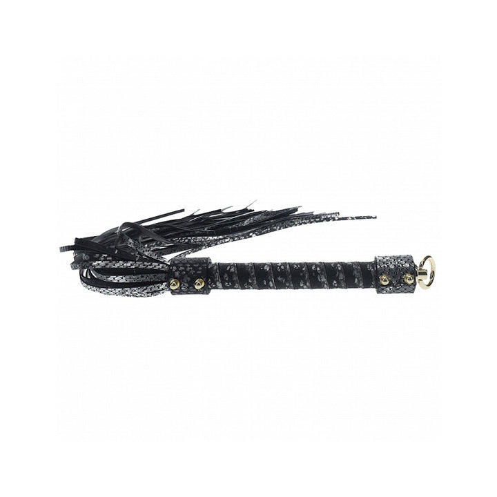 Black bonded leather flogger with textured handle and iridescent hardware detailing, designed for stylish impact play.