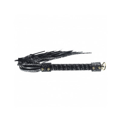 Black bonded leather flogger with textured handle and iridescent hardware detailing, designed for stylish impact play.