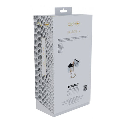 Packaging box for Ouch! Florence Collection Handcuffs featuring snake skin pattern and product details.