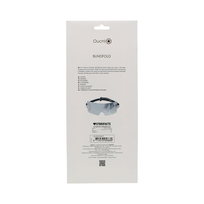 Packaging of Ouch! Florence Collection Blindfold showing product details and a small image of the black blindfold with iridescent accents.