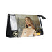Black and white stylish handbag with iridescent panels and gold star hardware, featuring a Florence Collection label with a woman wearing a white collar.