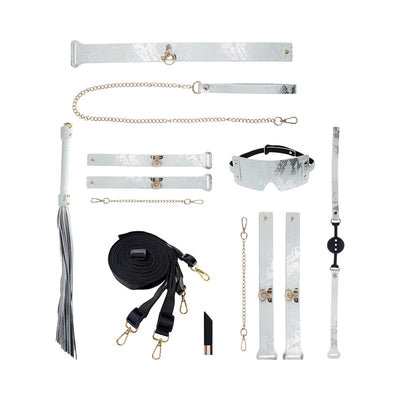 White snake-print bondage kit with collar, leash, cuffs, blindfold, ball gag, flogger, restraints, and straps on white background.