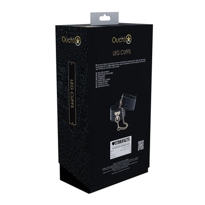 Packaging box of Ouch! Rome Collection Leg Cuffs featuring black bonded leather cuffs with a silver chain and lock detail.