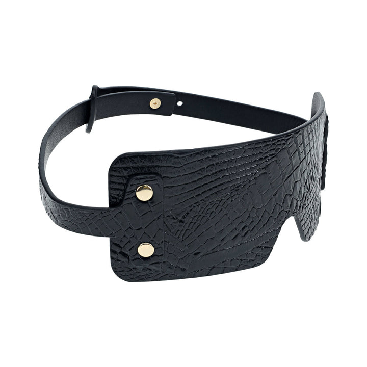 Black textured bonded leather blindfold with gold-tone hardware and adjustable strap from the Ouch! Rome Collection.