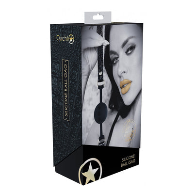 Ouch! Rome Collection Silicone Ball Gag packaging featuring a black silicone gag with adjustable bonded leather straps and a model with bold makeup.
