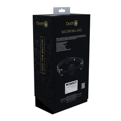 Packaging box of Ouch! Rome Collection Silicone Ball Gag with product image and details on a black textured background.