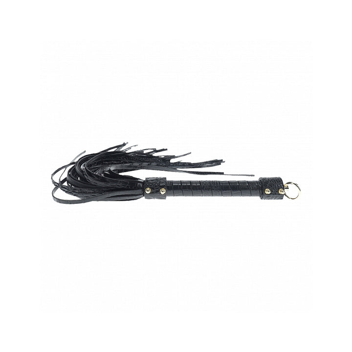 Black leather flogger with multiple thin tails and a wrapped handle featuring gold-tone hardware and a keyring loop.