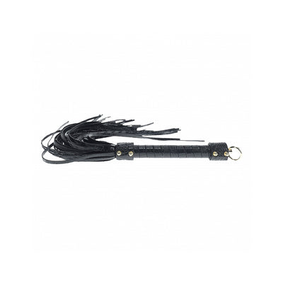 Black leather flogger with multiple tails and a wrapped handle featuring gold-tone hardware and a hanging ring.