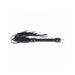 Black leather flogger with multiple thin tails and a wrapped handle featuring gold-tone hardware and a keyring loop.