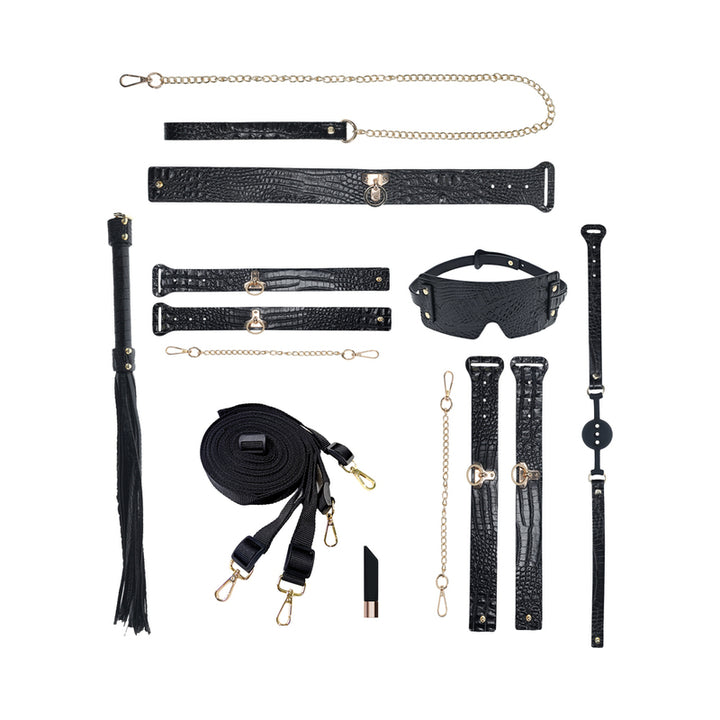 Black textured bondage kit with collar, leash, cuffs, blindfold, ball gag, flogger, restraints, and vibrating bullet accessory.